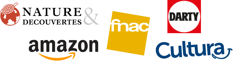 Logos des magasins partenaires : Fnac, Cultura, Nature & Découvertes, Amazon, Darty